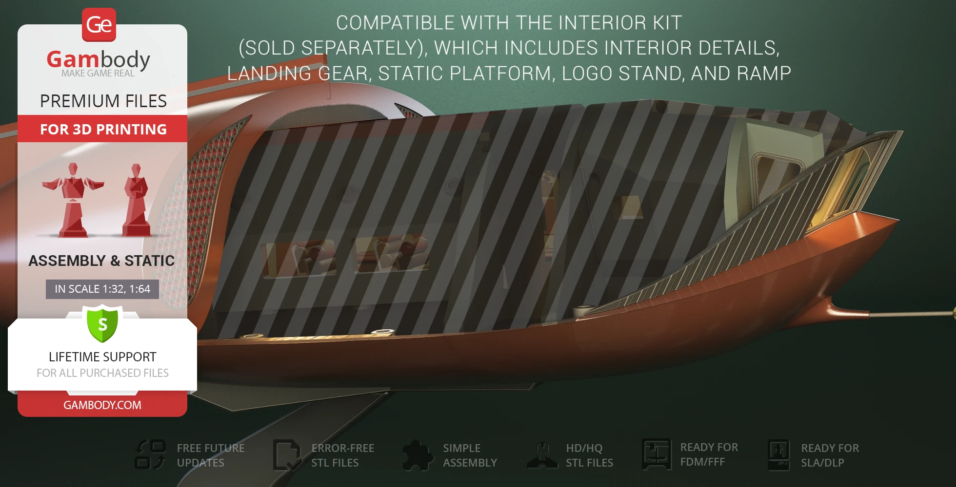 Futuristic sci-fi vessel with striped design, displayed for 3D printing, highlighting various features.