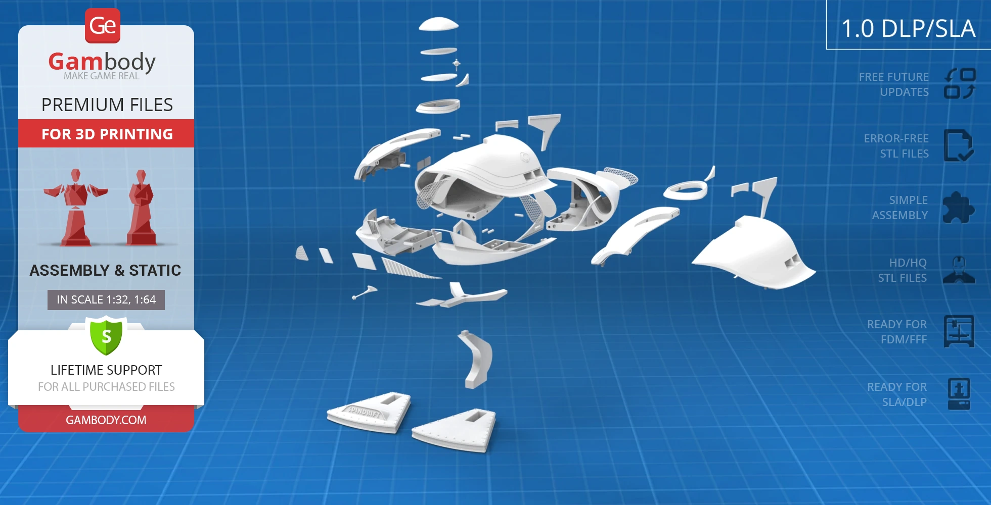 Exploded view of Spindrift 3D model parts on a blue grid background for printing.