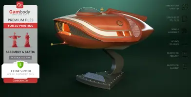 Sleek orange sci-fi vehicle model on a display stand, labeled 'Spindrift,' for 3D printing.