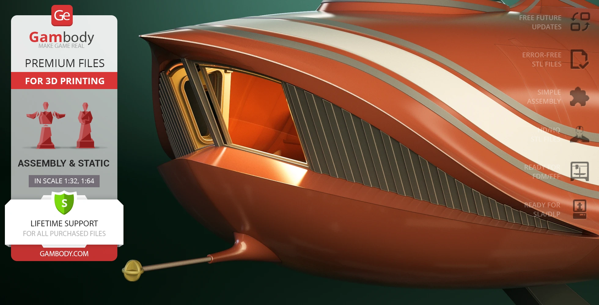 A sleek, futuristic, orange and silver sci-fi vehicle exterior with a window and aerodynamic design features.
