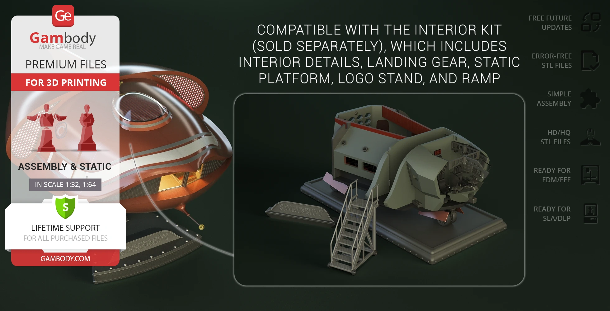 Futuristic spacecraft model with detailed exterior and interior parts, including a ramp and platform.
