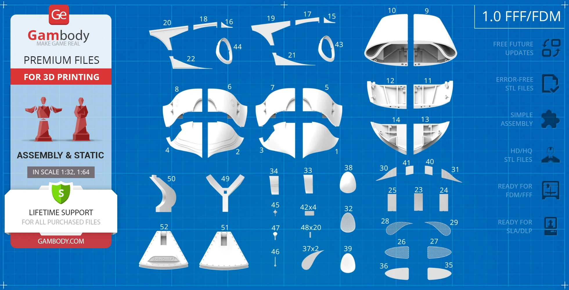 Blueprint-style layout of Spindrift exterior 3D model parts for printing and assembly.