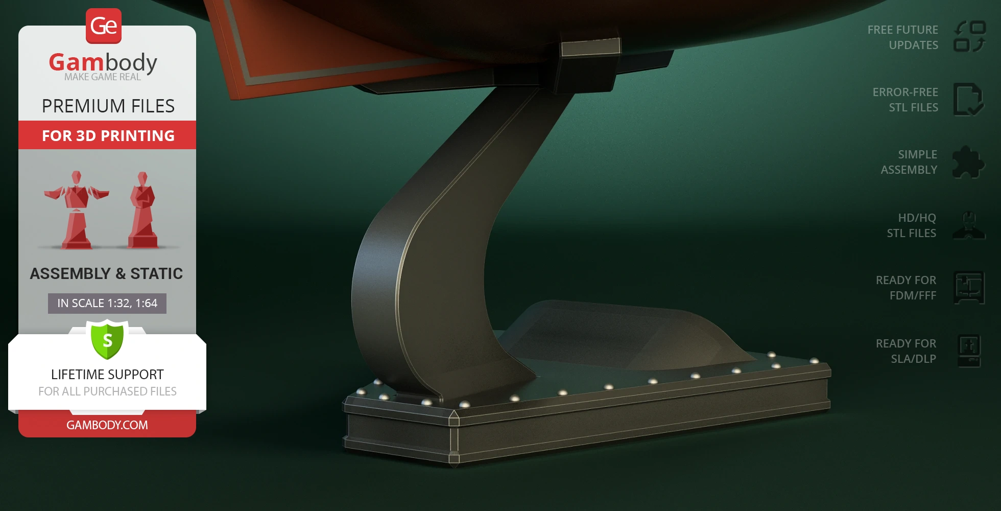 Futuristic angled support structure for 3D printing, with rivets and sleek design.