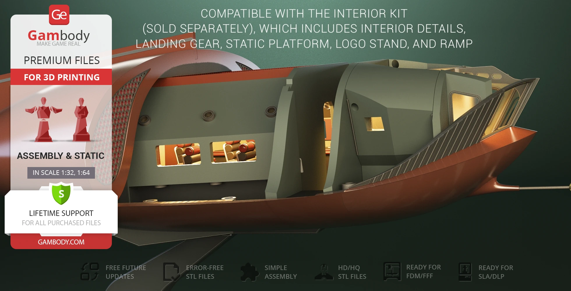 Futuristic spacecraft with detailed exterior, compatible with interior kits. Includes assembly options and support.