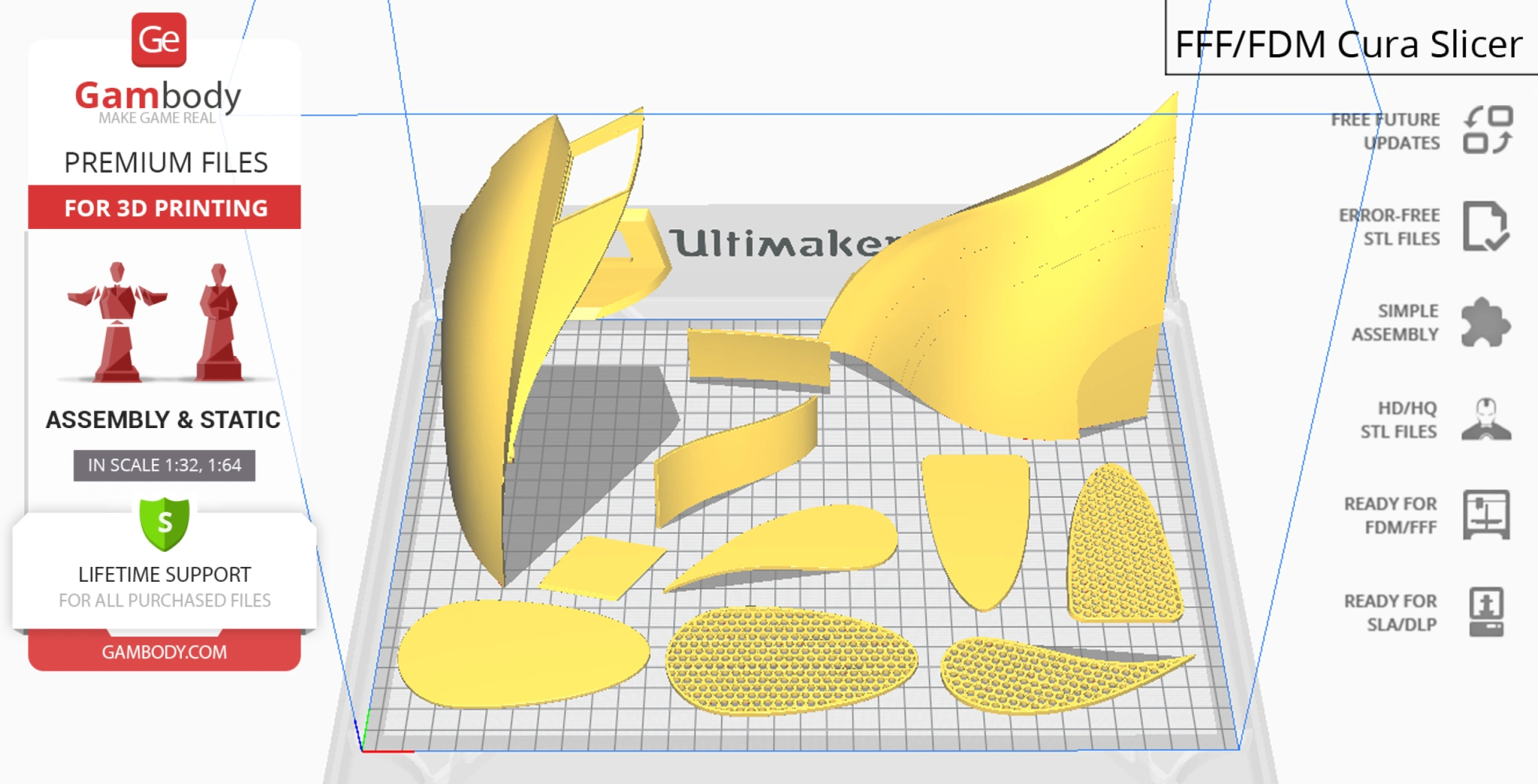 Sci-fi 3D model parts for printing, arranged on Cura slicer grid.