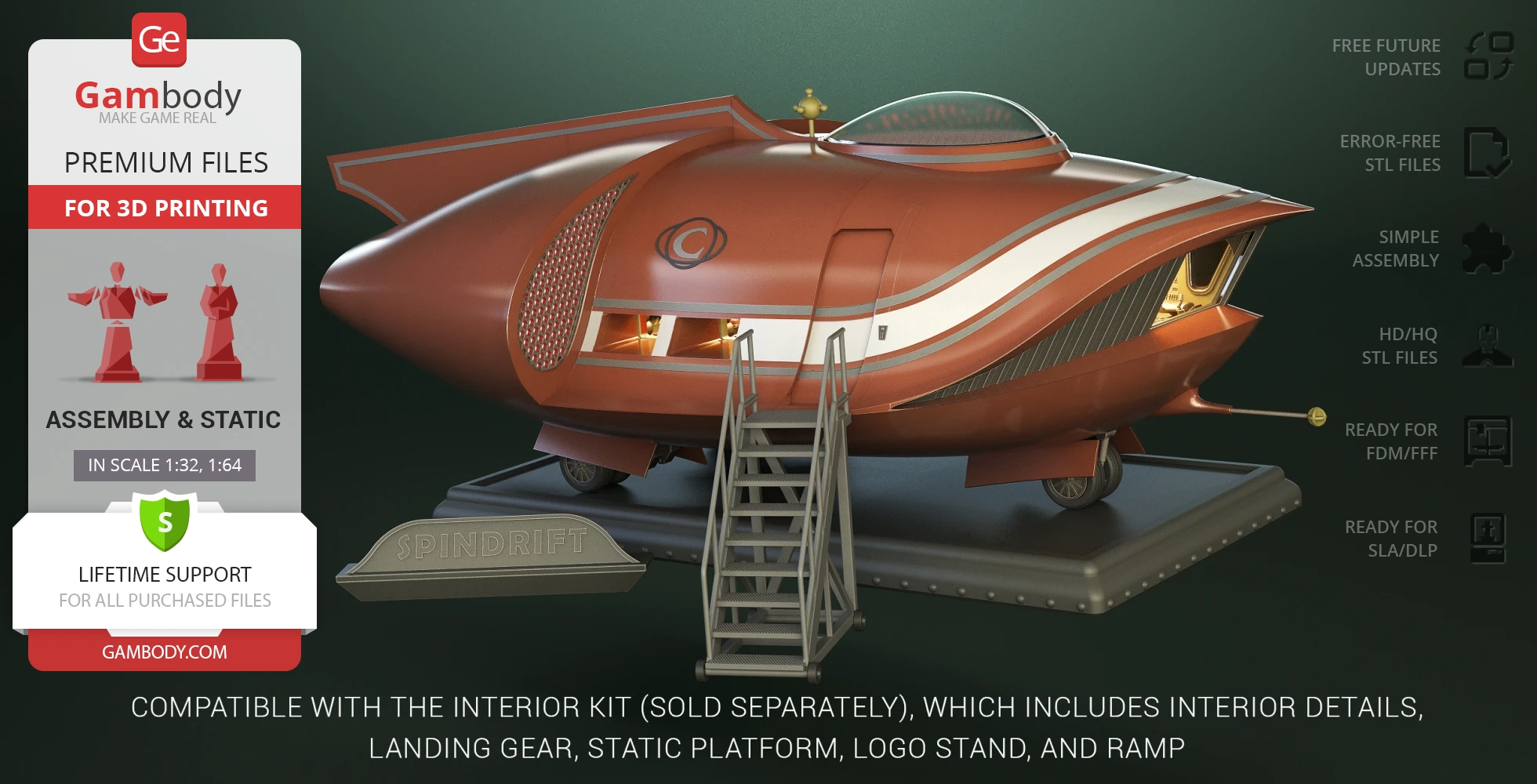 A sleek, retro-style sci-fi spaceship with a staircase, labeled 'Spindrift,' set on a platform.