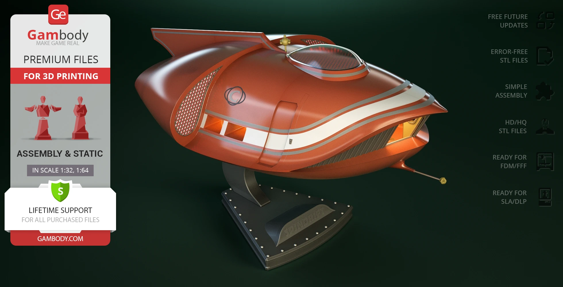 Futuristic, retro-style spaceship model with a sleek design and display stand, ready for 3D printing.