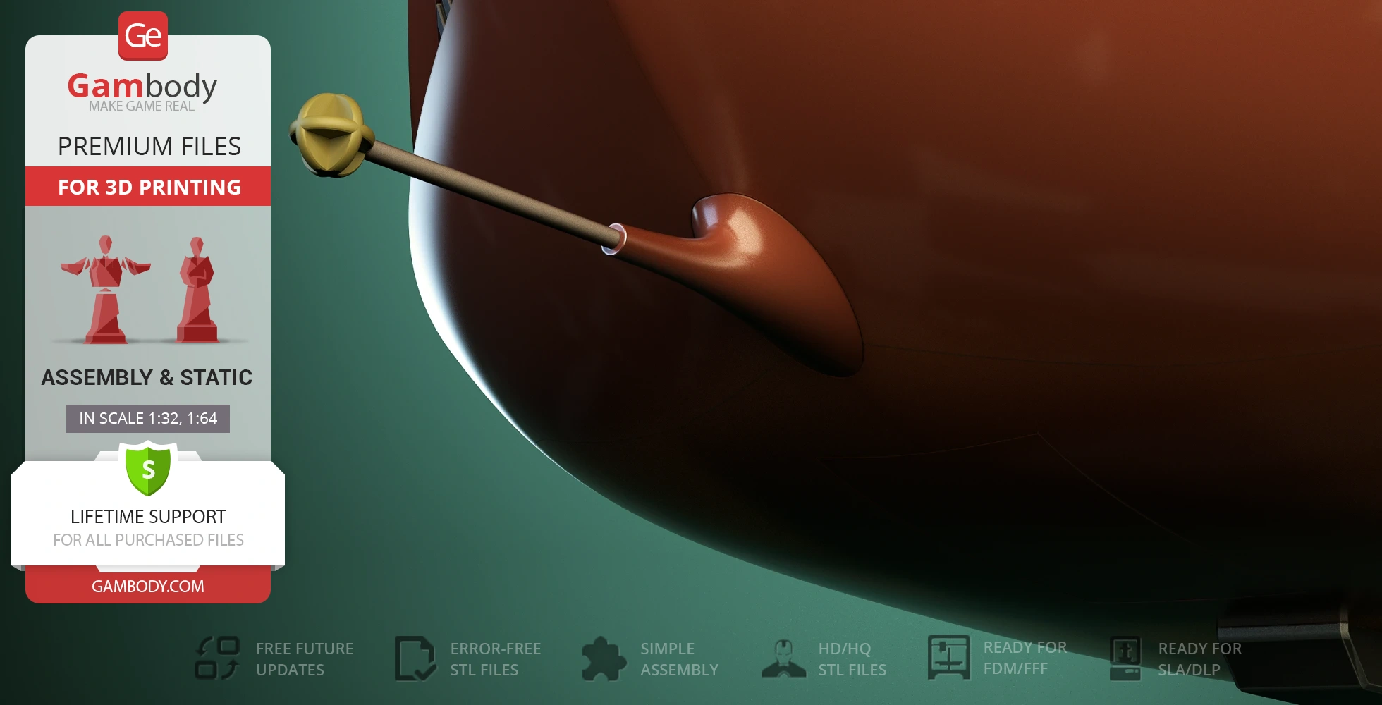 Close-up of a sleek, brown sci-fi spaceship exterior with a protruding antenna.