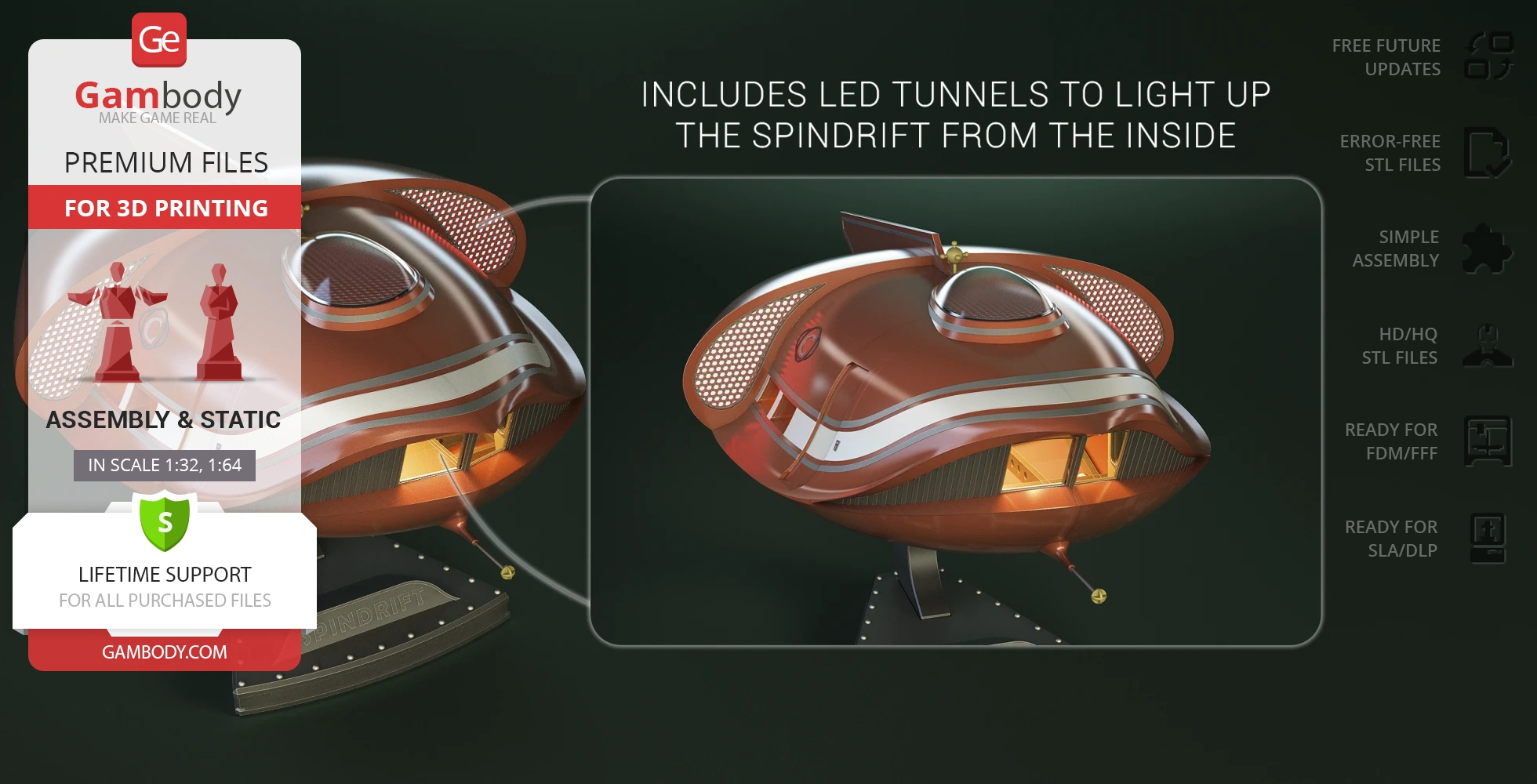 Futuristic, oval-shaped sci-fi craft model with LED tunnels for interior lighting, showcased with 3D printing details.