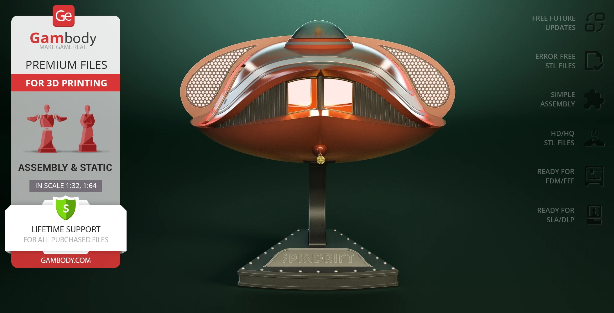 Futuristic orange spacecraft model with dome and mesh details on a display stand labeled 'SPINDRIFT'.