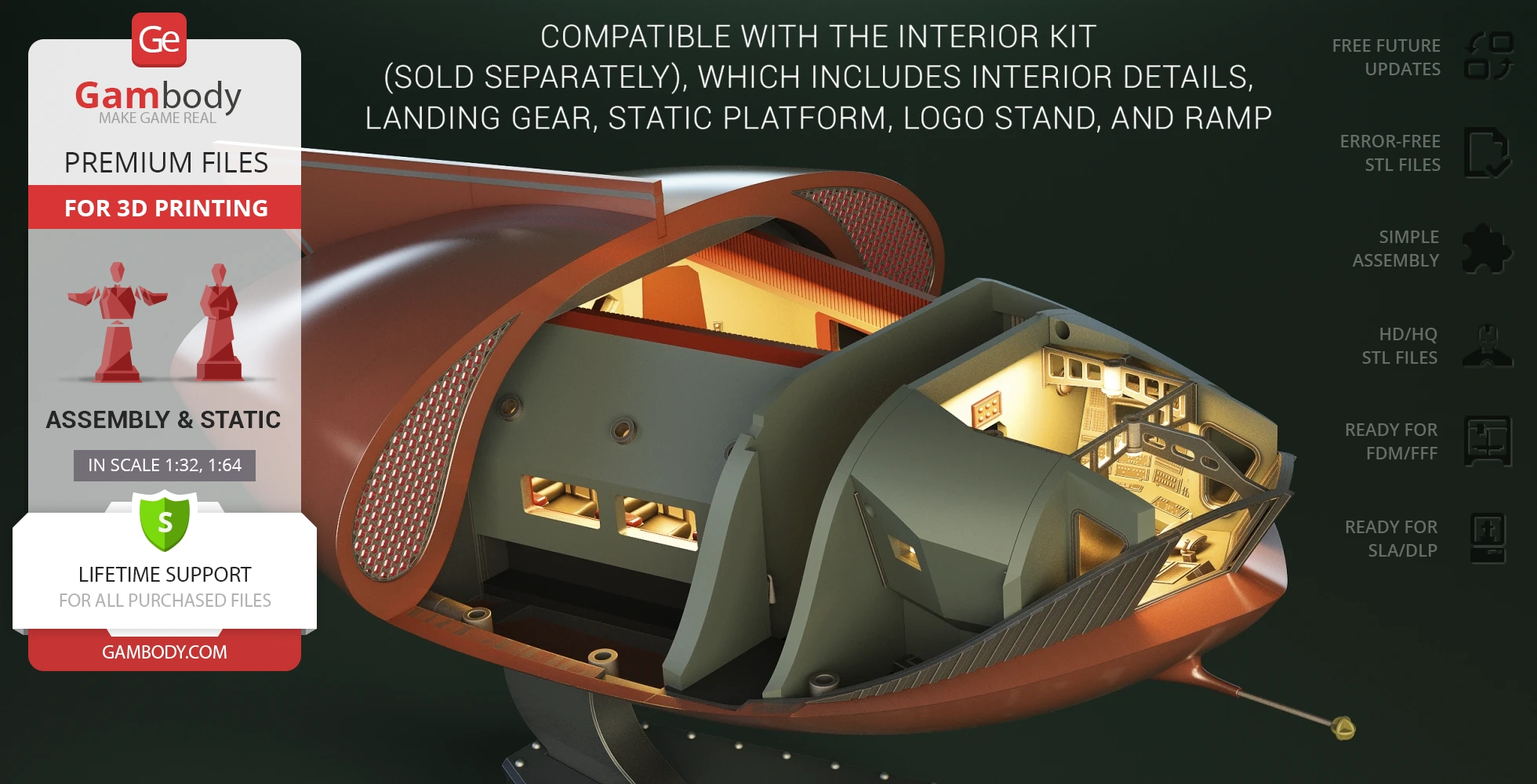 Futuristic spacecraft model for 3D printing, featuring detailed interior and exterior design.
