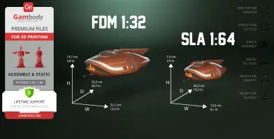 Two sci-fi vehicle models labeled FDM 1:32 and SLA 1:64, showing different dimensions for 3D printing.