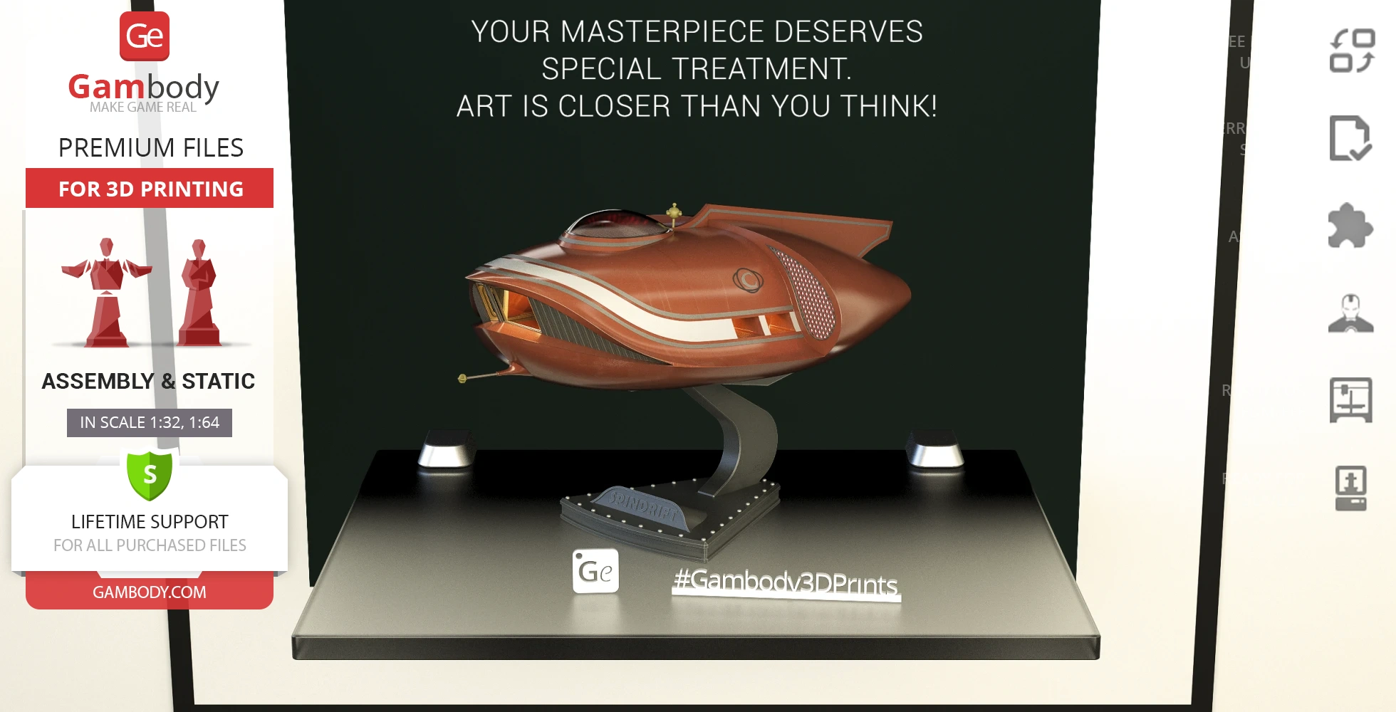 Futuristic brown spaceship model with sleek curves on a display stand, labeled 'Spindrift.'