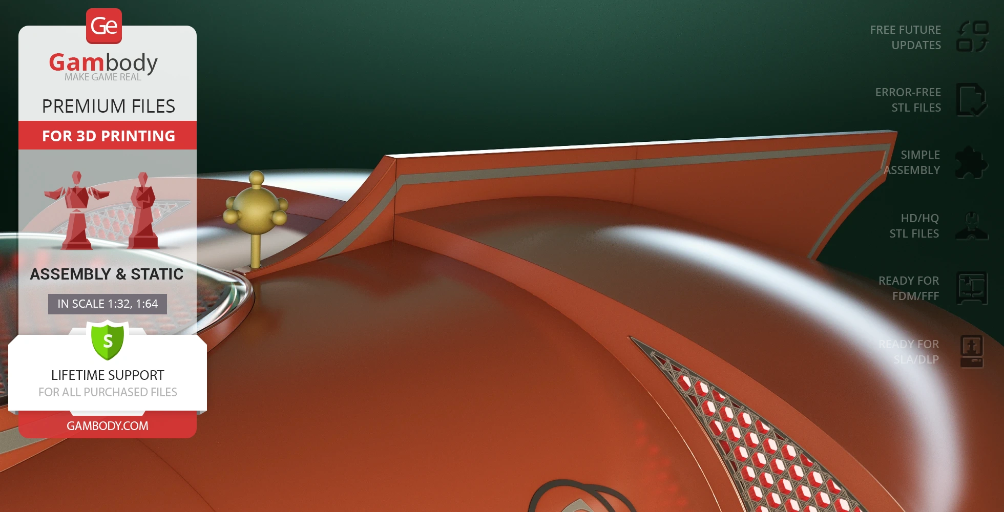 Futuristic orange spacecraft exterior with geometric patterns, designed for 3D printing.