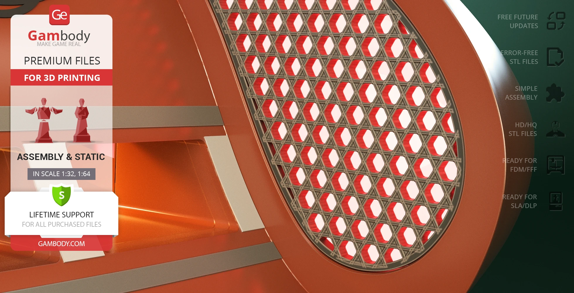 Close-up of a sci-fi model's gridded exterior, highlighted for 3D printing with Gambody branding.