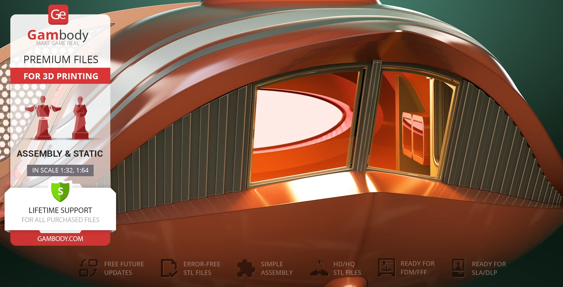 Sleek, futuristic orange and silver structure with rounded windows; sci-fi design for 3D printing.