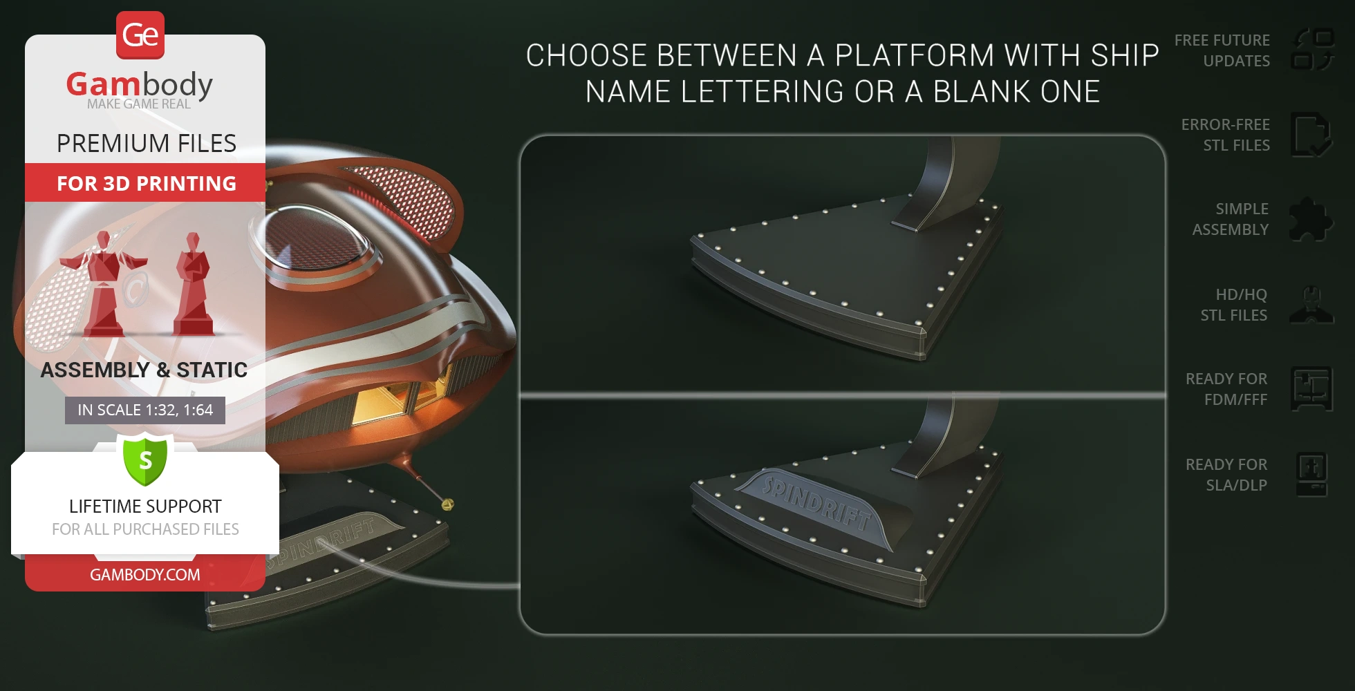 Sci-fi model 'Spindrift Exterior' with customizable platform for 3D printing; assembly and static display options.