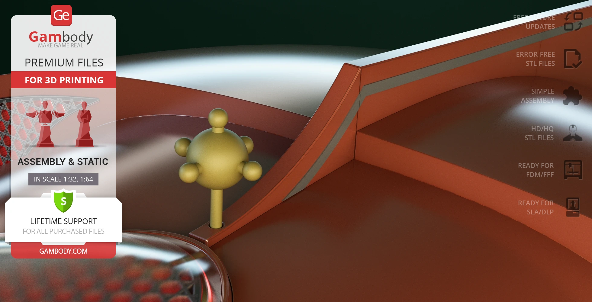 Futuristic orange and gray sci-fi structure with a spherical golden detail on a smooth platform.