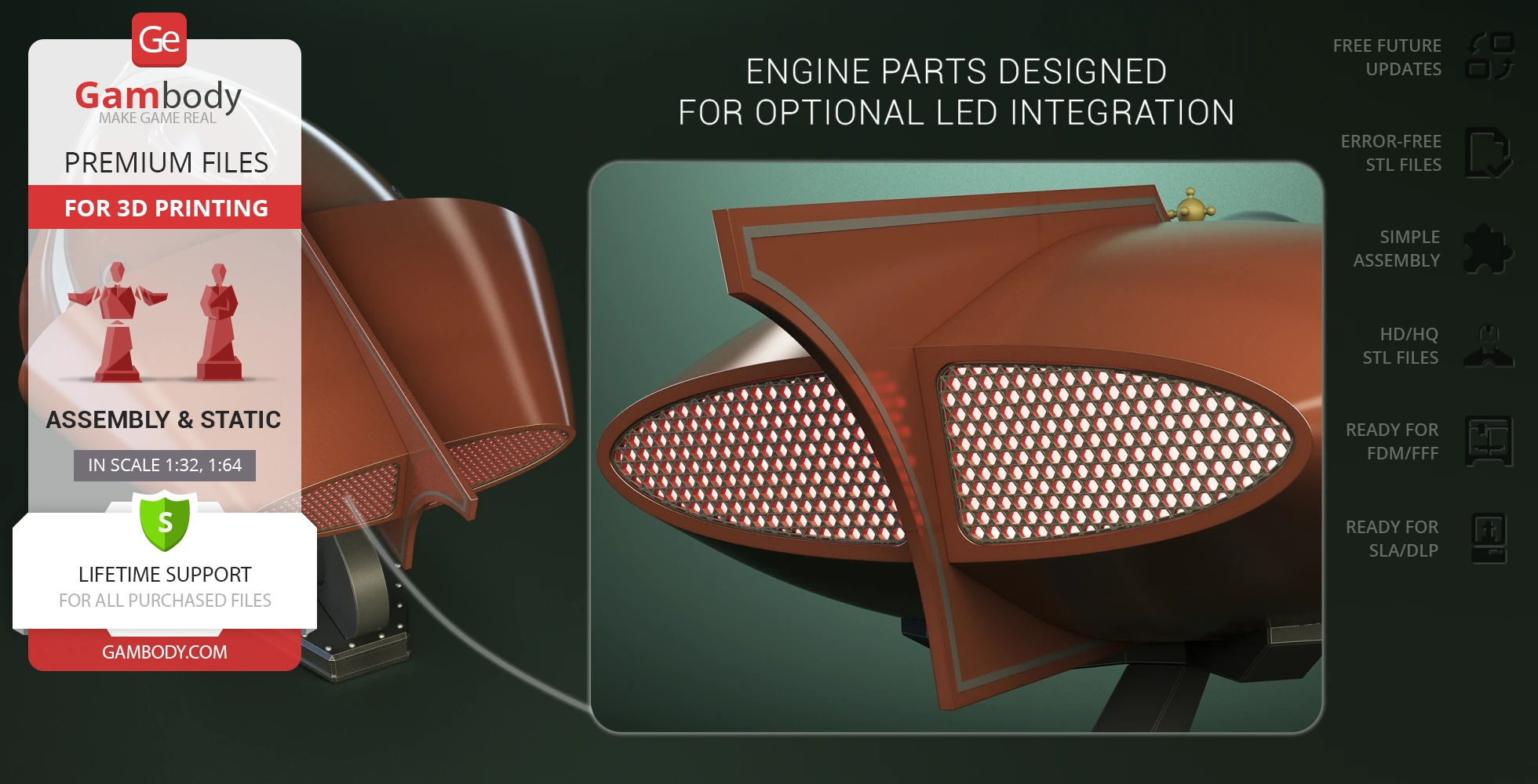 Sci-fi 3D model of Spindrift engine, showcasing LED integration, for 3D printing.