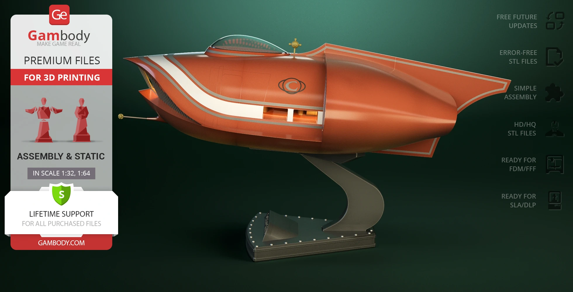 A sleek, orange sci-fi spaceship model designed for 3D printing, displayed on a stand.