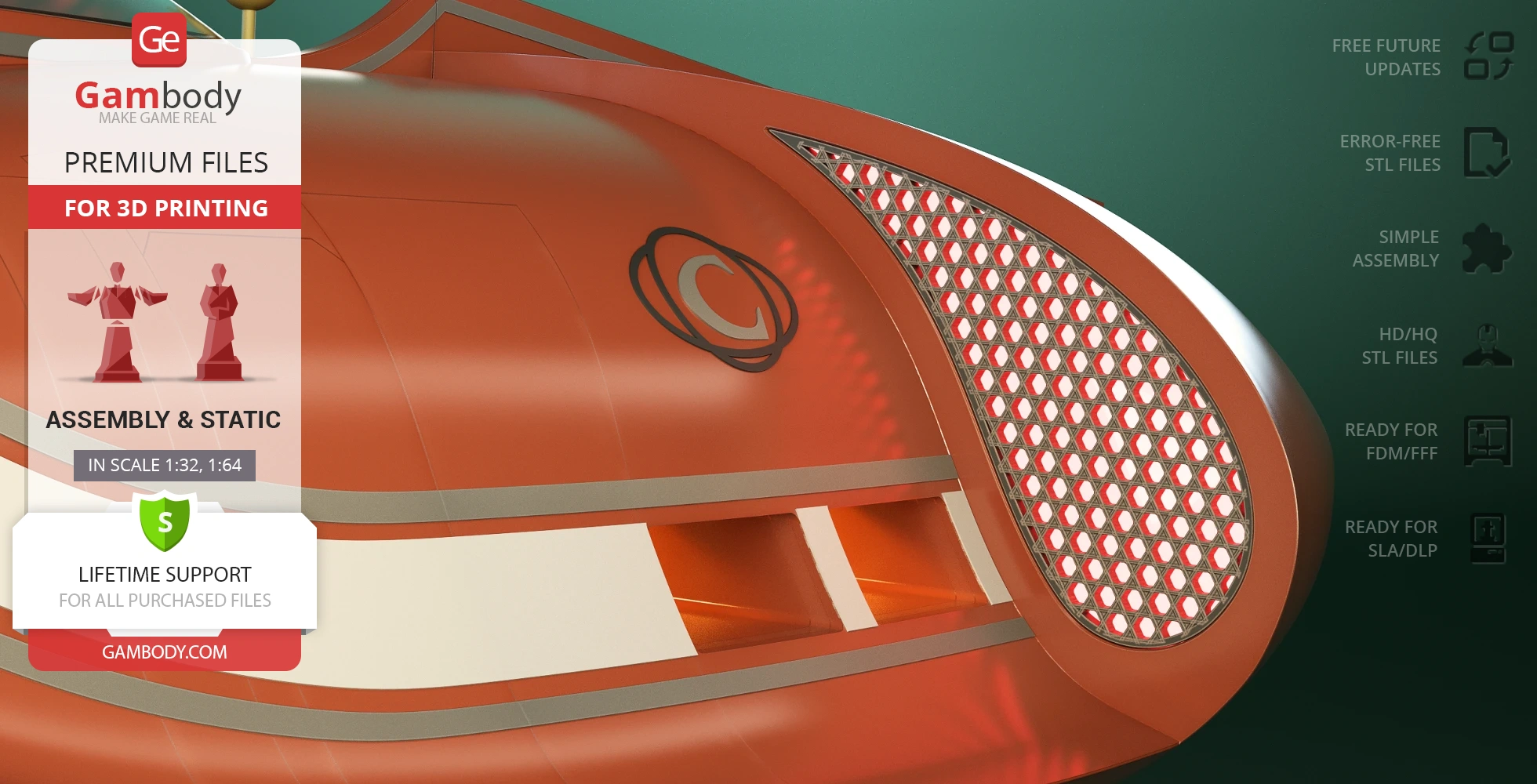 Orange futuristic spaceship exterior with hexagonal grille and logo, for 3D printing.