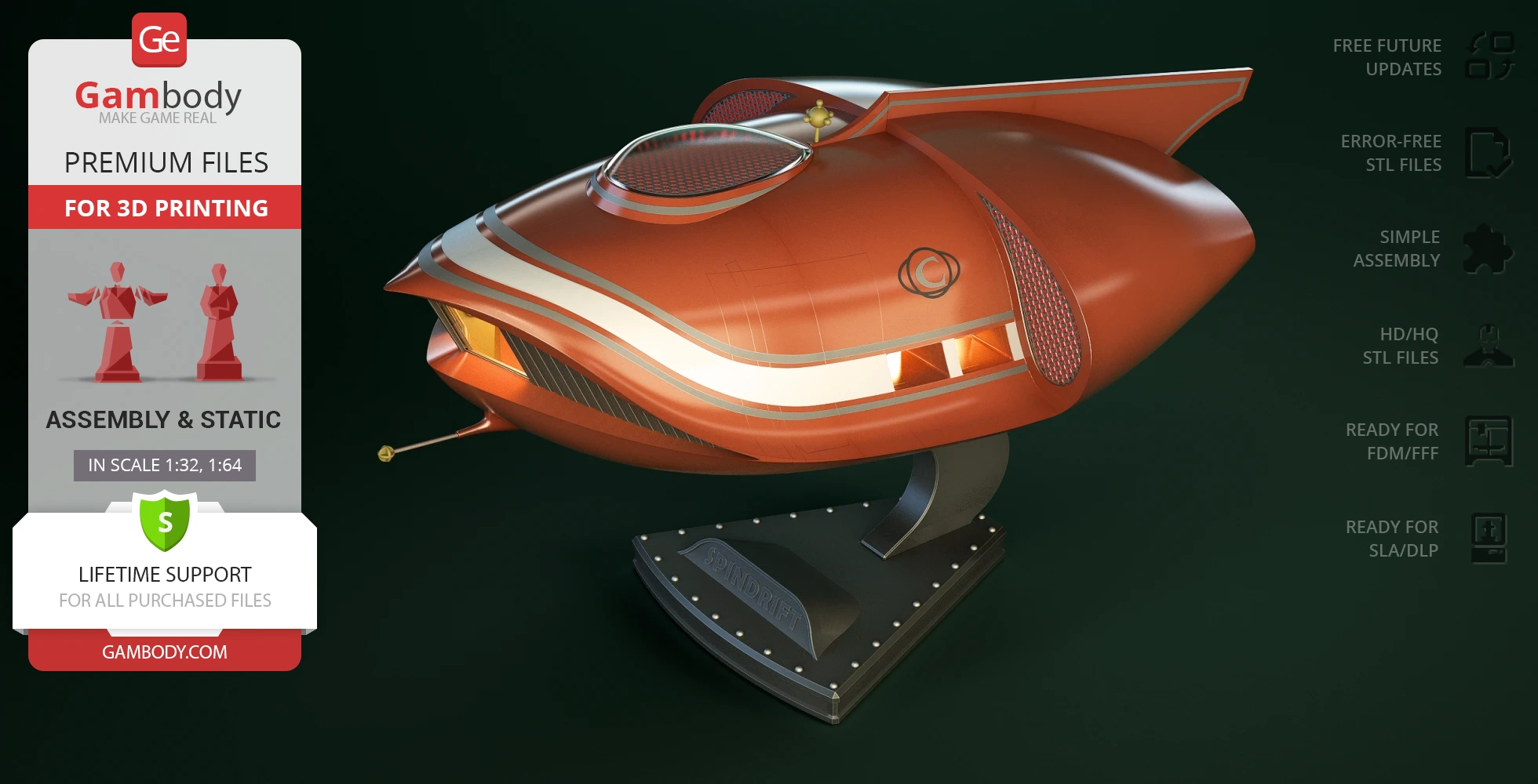 Sleek, orange sci-fi vehicle model with retro design, on display stand, ready for 3D printing.