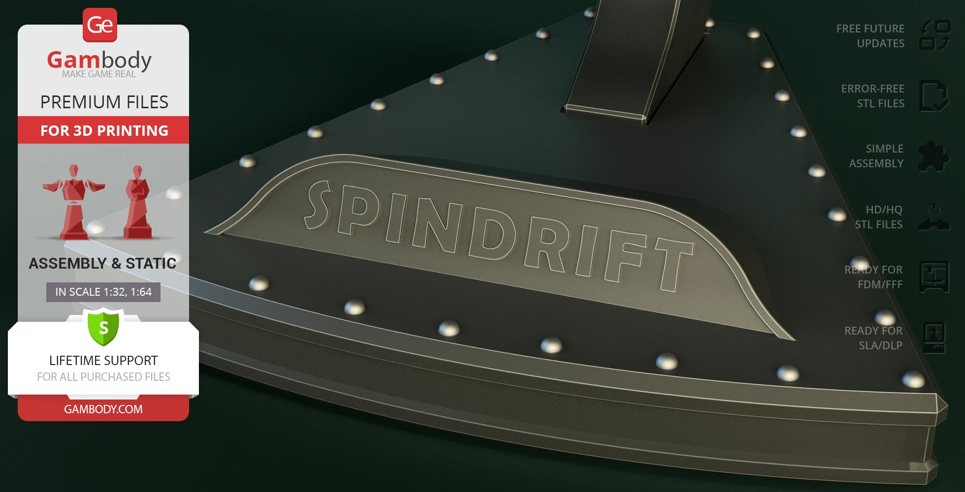 Metallic Spindrift ship exterior model with rivets, designed for 3D printing by Gambody.