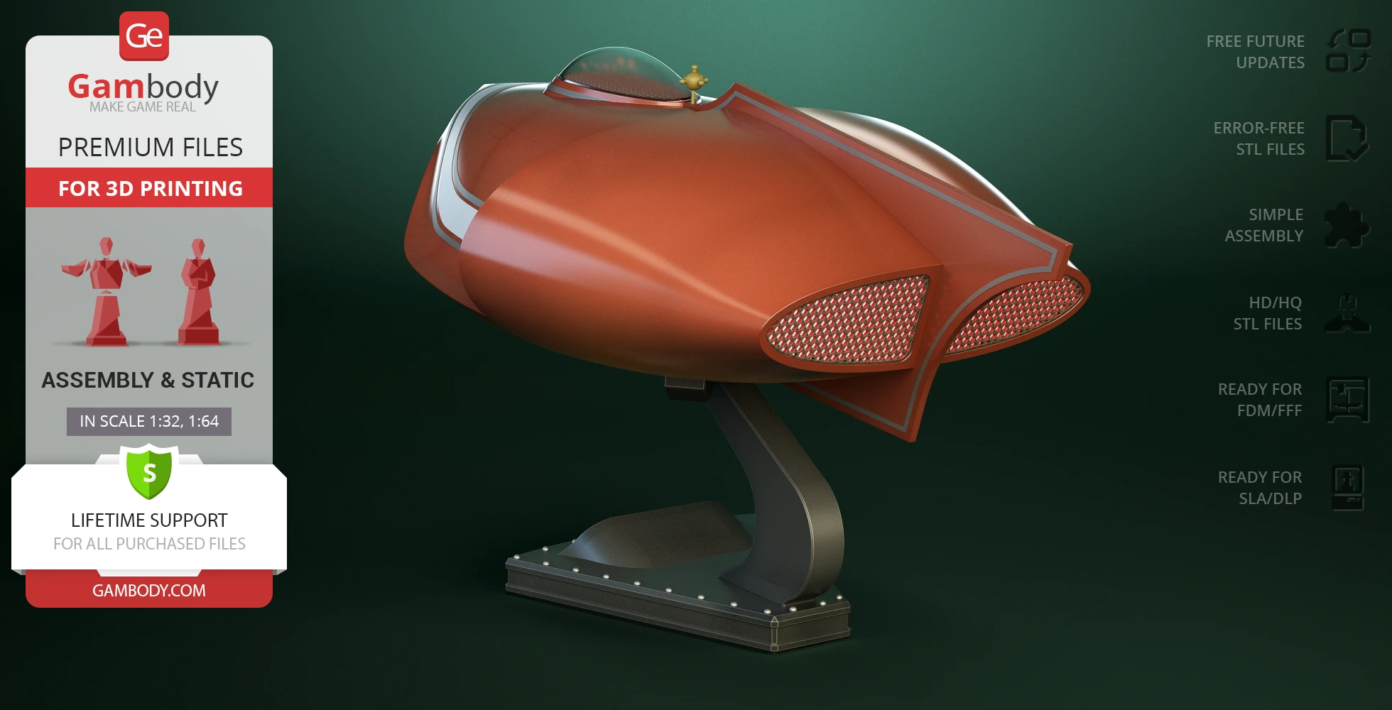 Futuristic red spaceship model with a sleek design on a display stand.