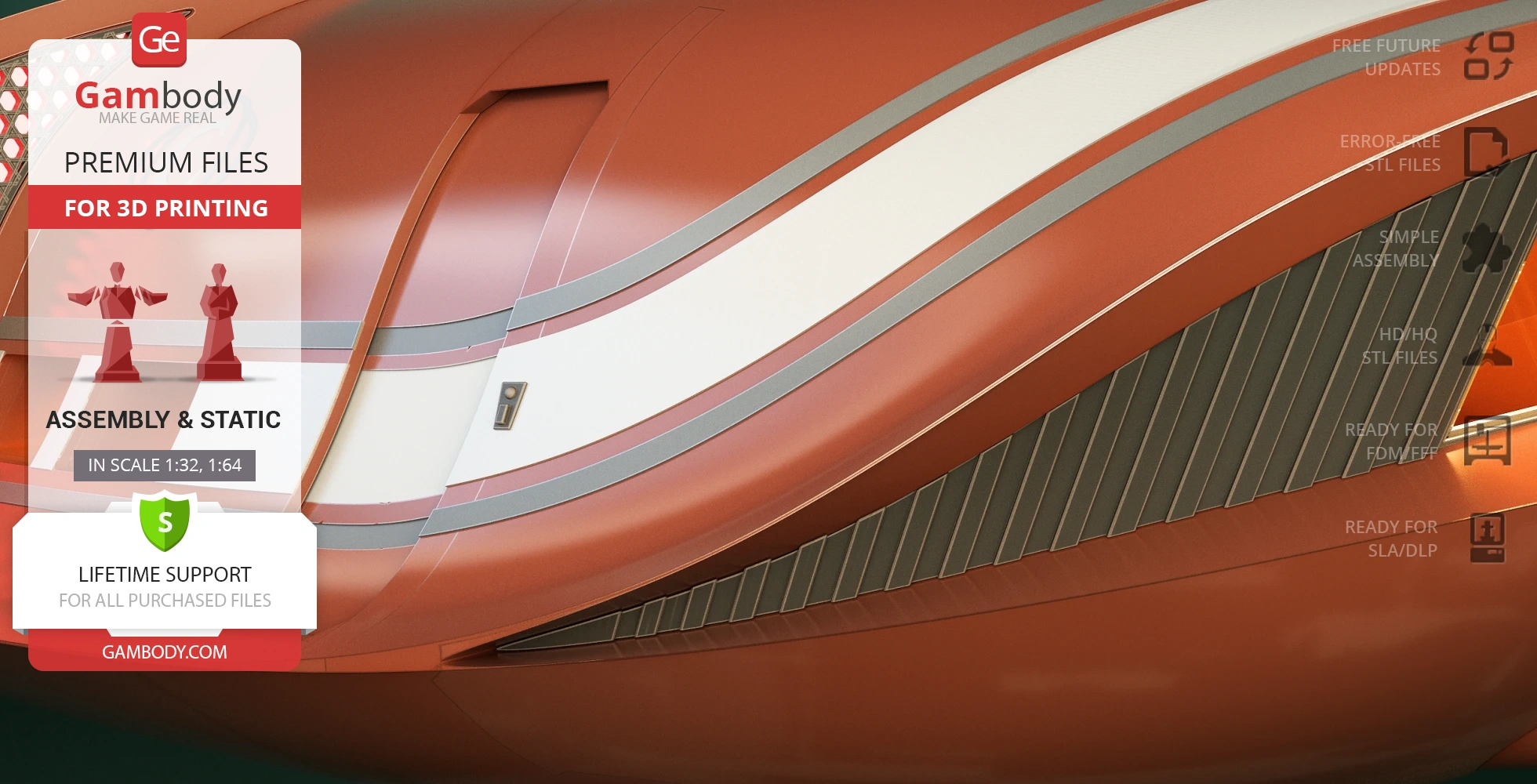 Sleek, futuristic curved red and white sci-fi design detail for 3D printing.