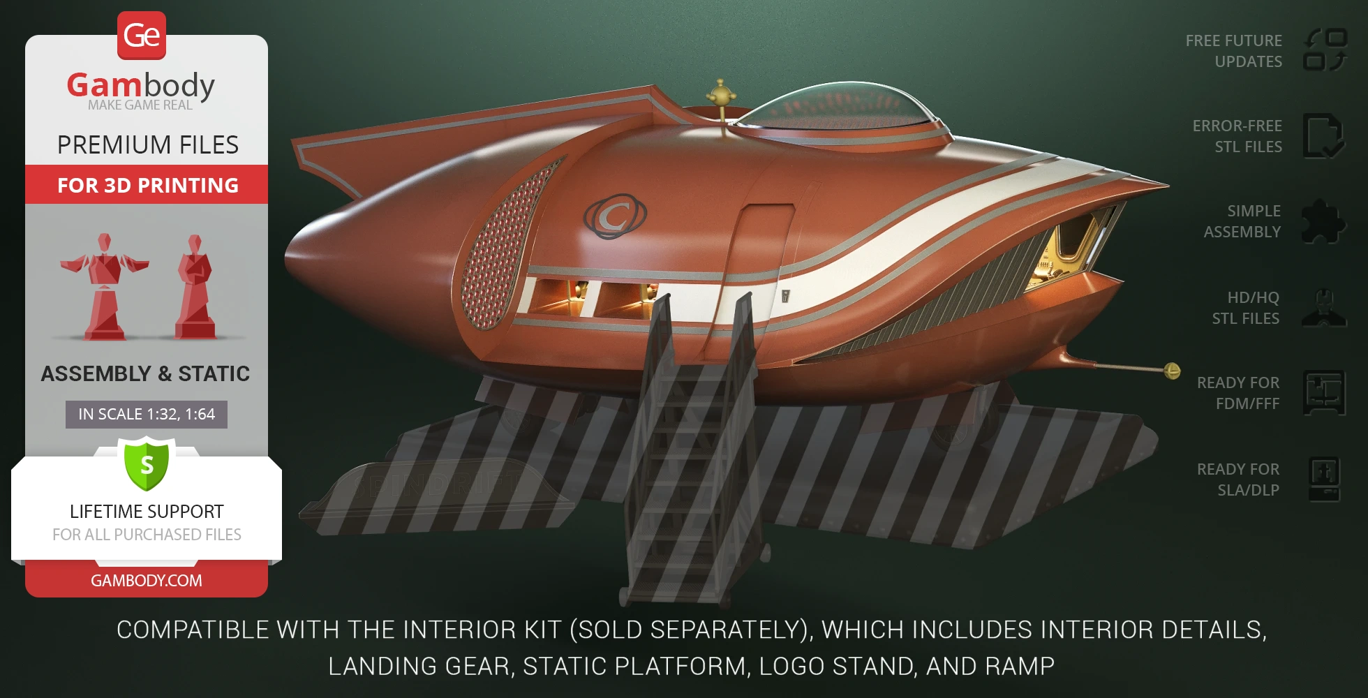 Sleek sci-fi spacecraft model with streamlined design, stairs leading to entrance, and striped landing platform.