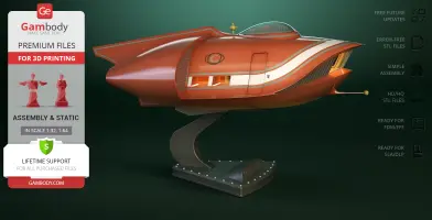 Futuristic red spaceship model on a stand with sleek design and geometric patterns.