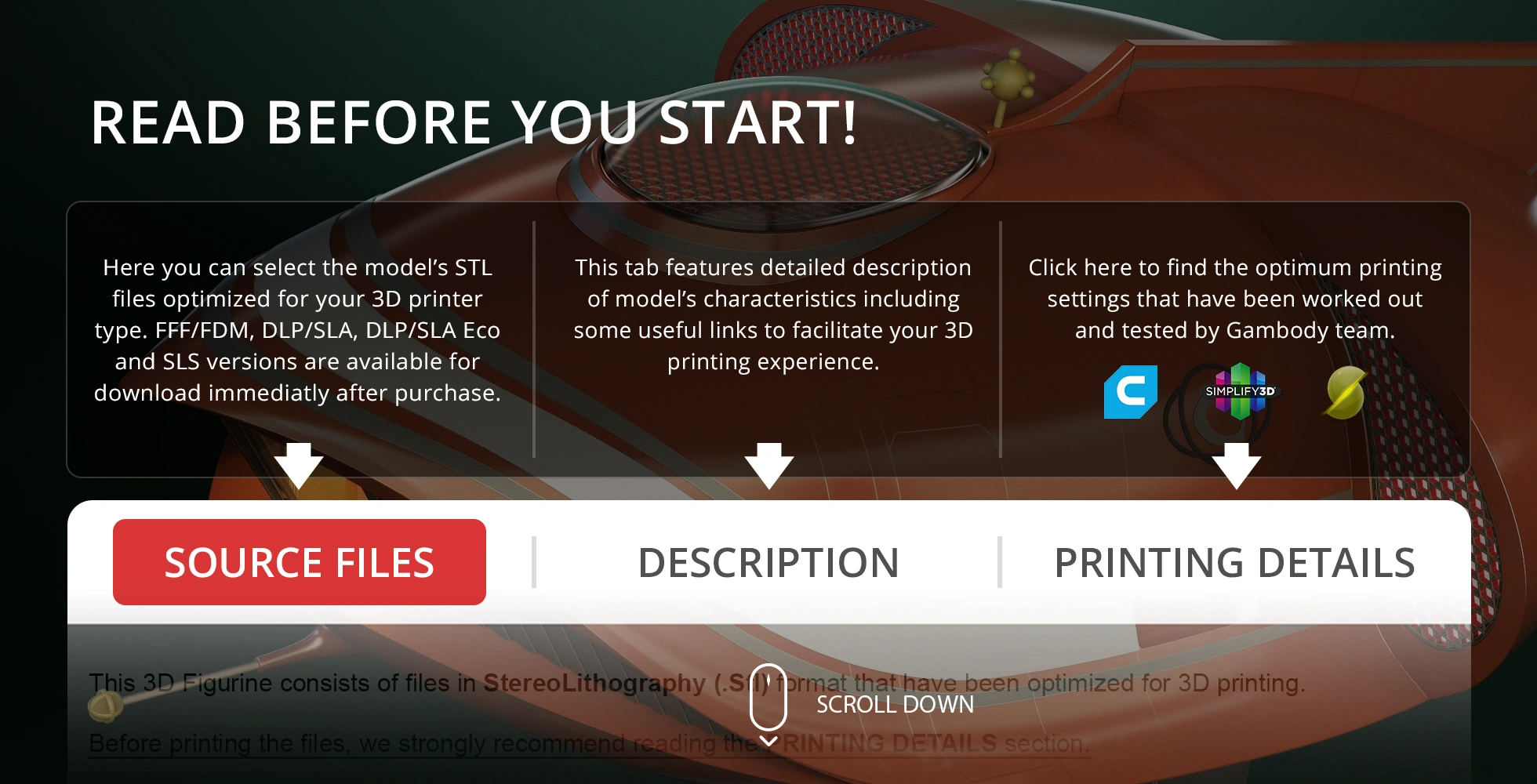 Instructions for downloading and printing Spindrift Exterior 3D model files on Gambody.