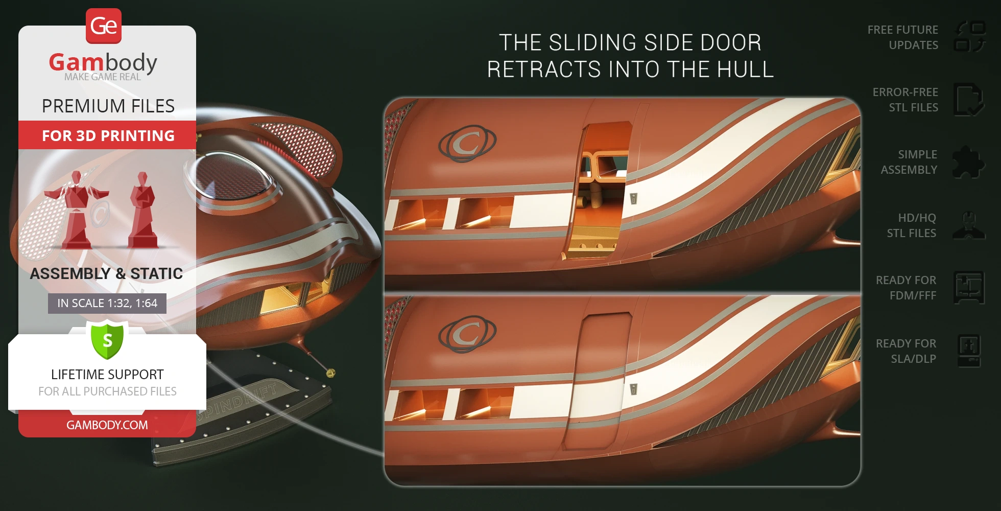 Futuristic spaceship model with retractable sliding side door and sleek, rounded exterior design.