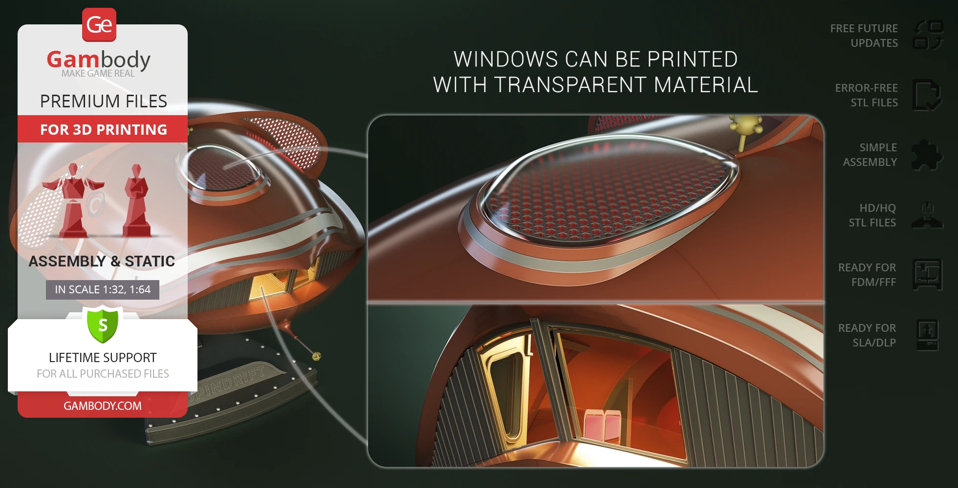 Futuristic spaceship model with detailed windows, designed for 3D printing.