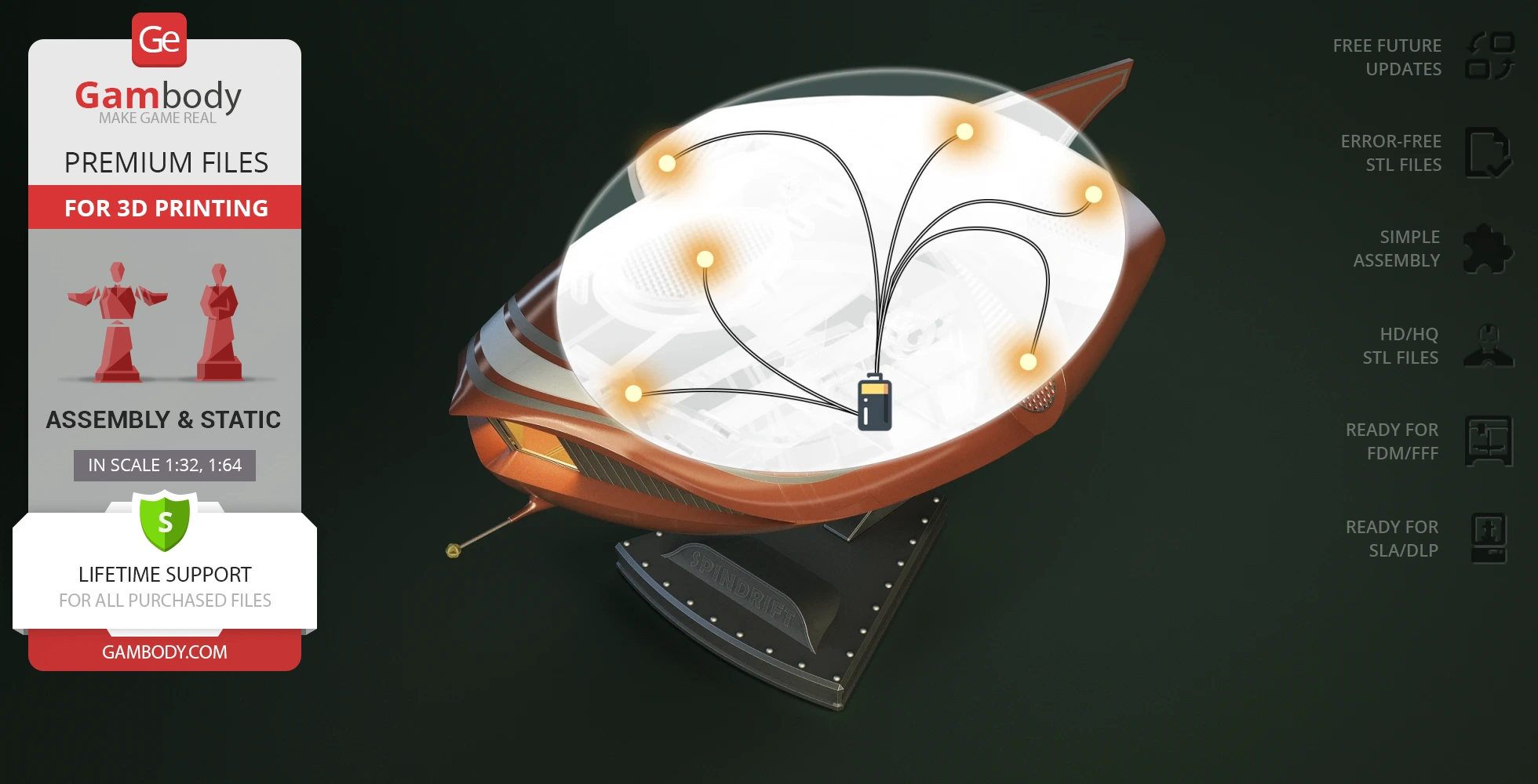 A detailed sci-fi 3D model of a sleek spaceship labeled 'Spindrift,' designed for 3D printing.