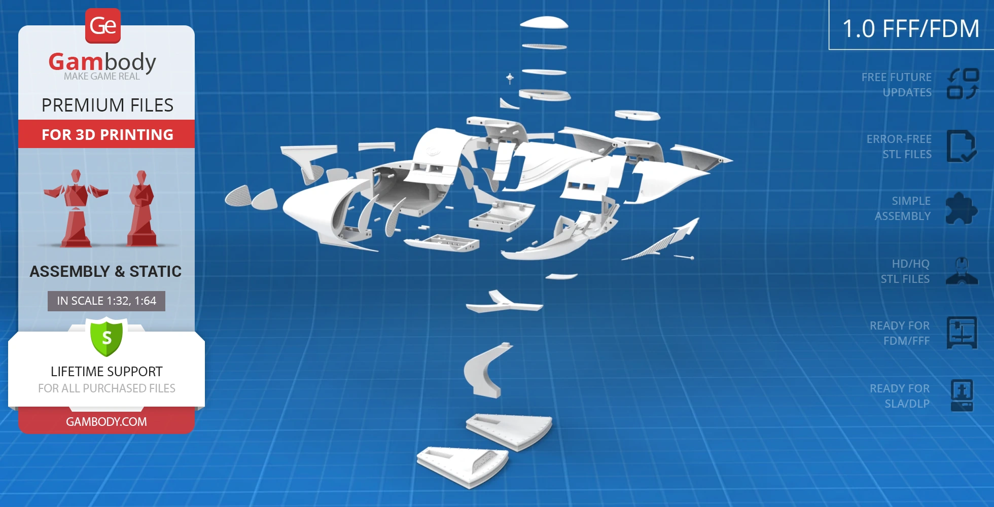 Exploded view of a sci-fi model showing individual 3D-printable parts on a blue grid background.