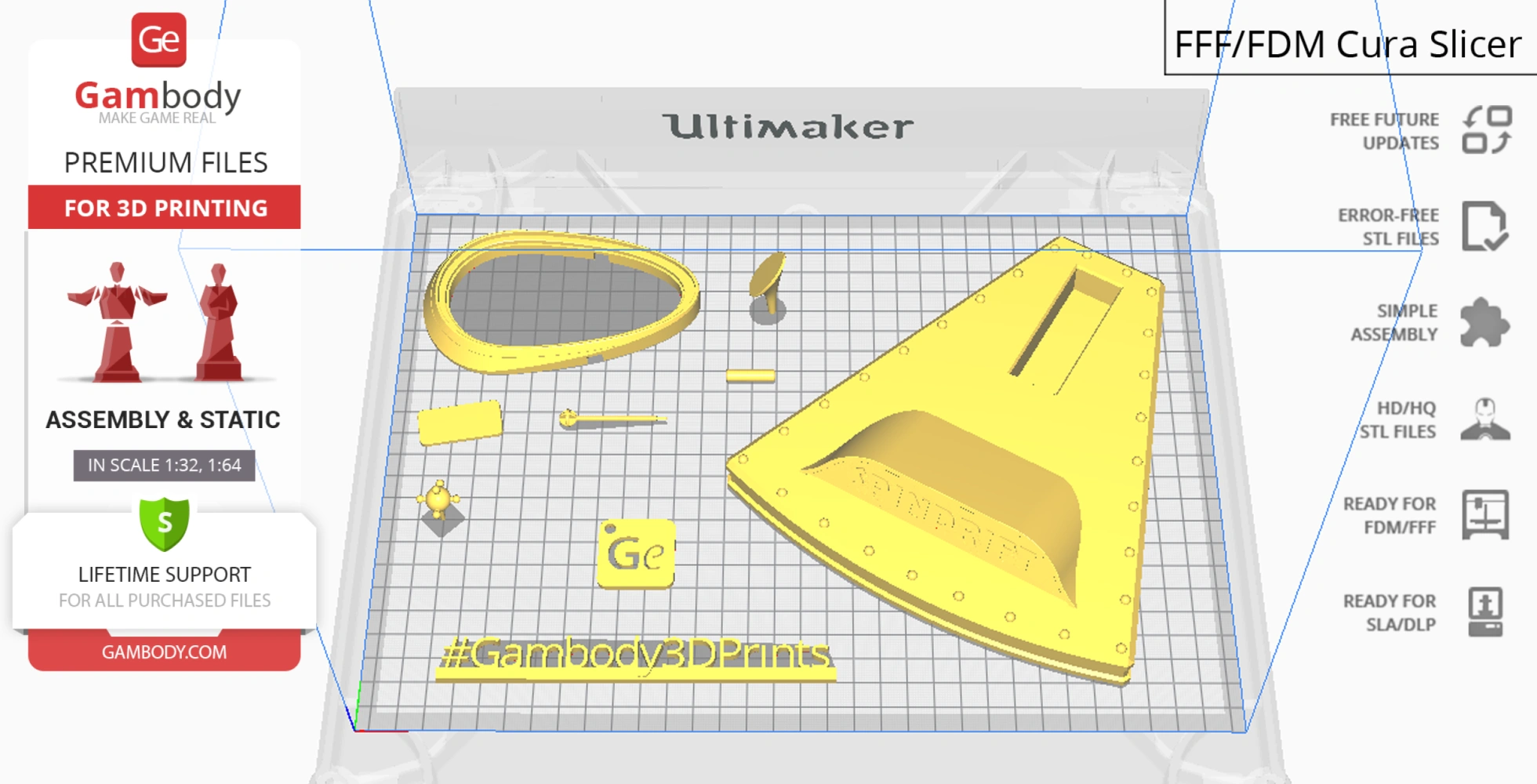 Sci-fi Spindrift ship parts in 3D printing layout with labels for premium files, support, and updates.