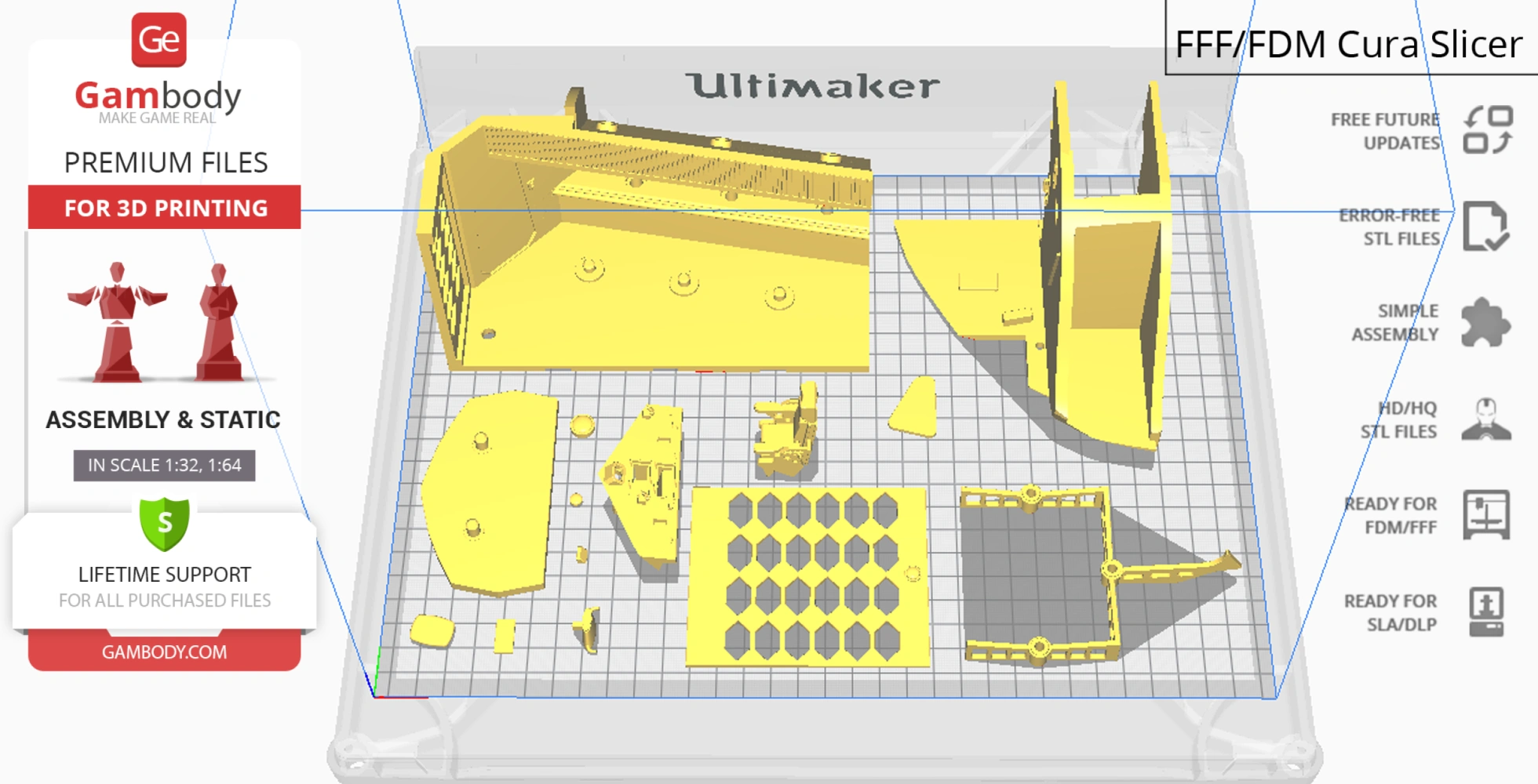 Various yellow 3D printed parts arranged on a grid, designed for Spindrift Interior Sci-Fi model.