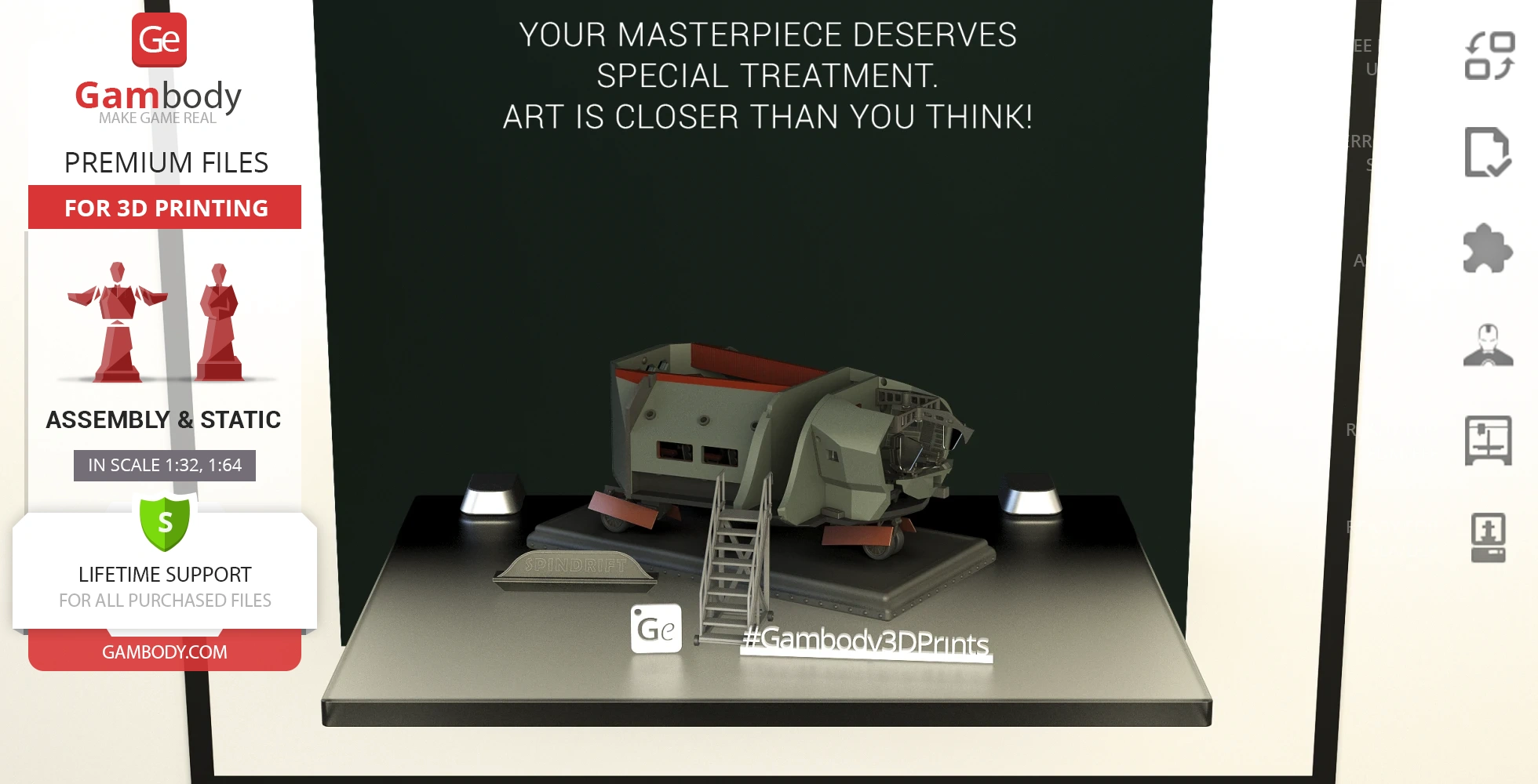 Sci-fi spaceship interior model with detailed cockpit; displayed on a platform for 3D printing.