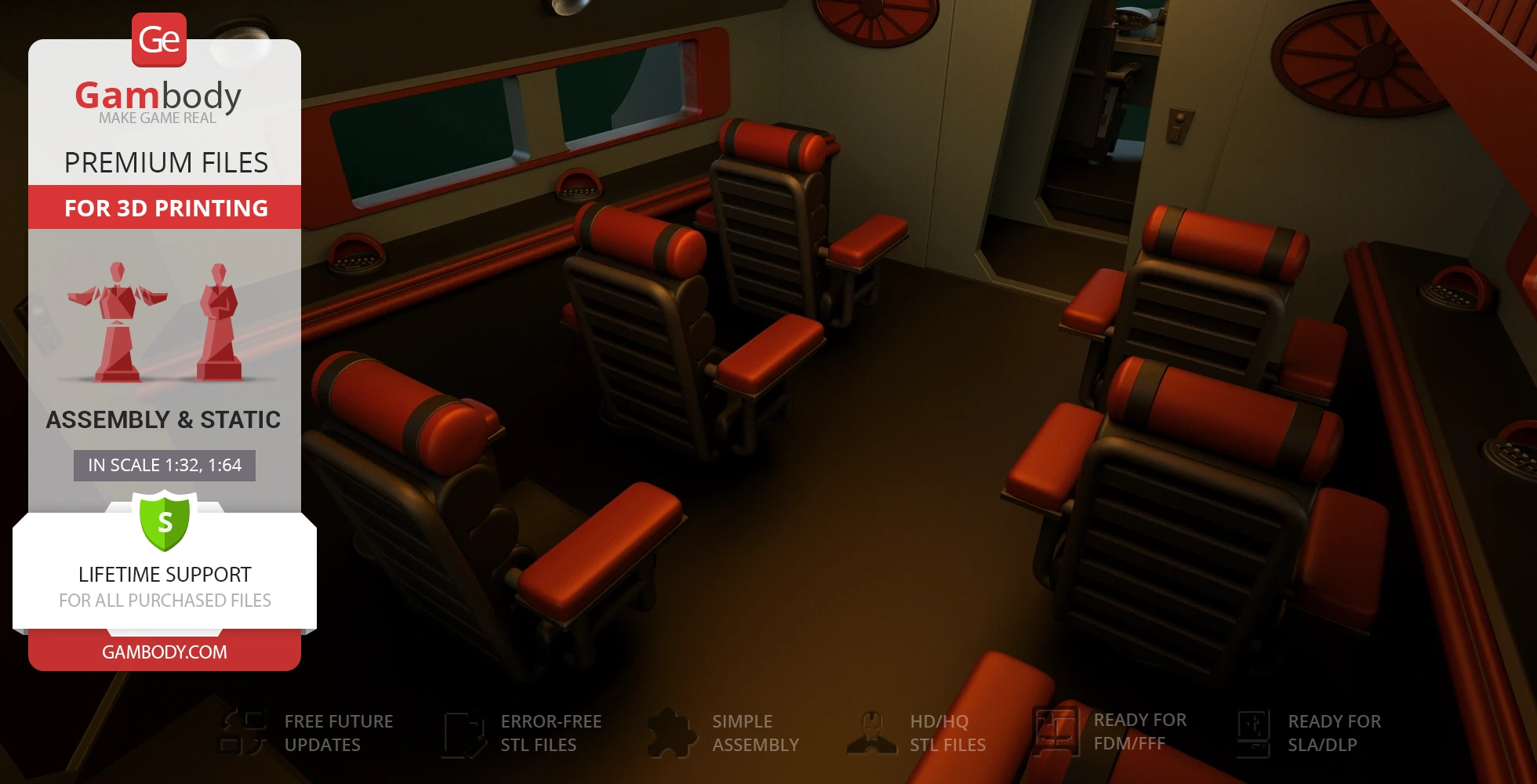 Futuristic spaceship interior with red-accented seating, consoles, and sleek design elements.