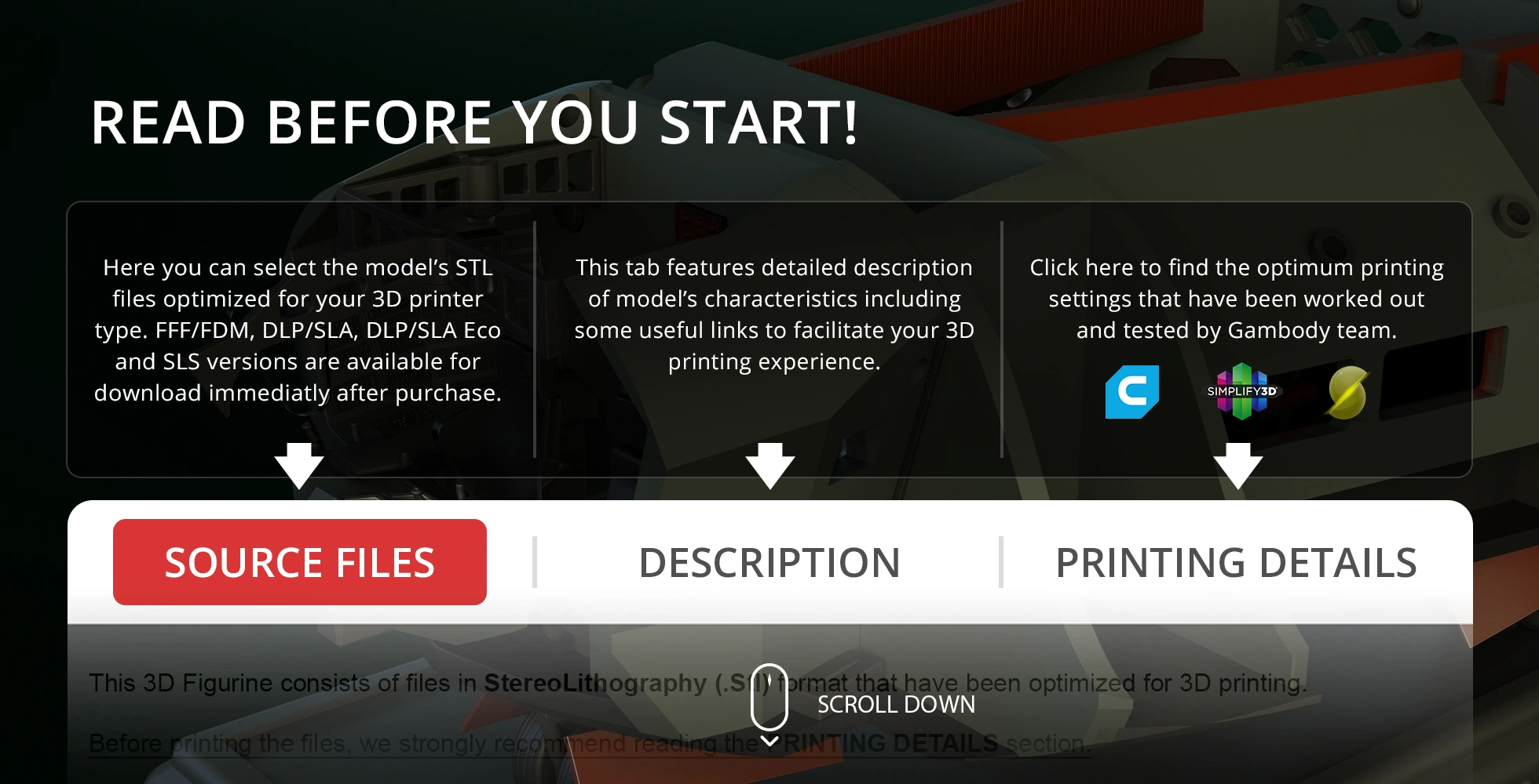 3D printing setup guide from Gambody, offering STL files, descriptions, and printing settings.
