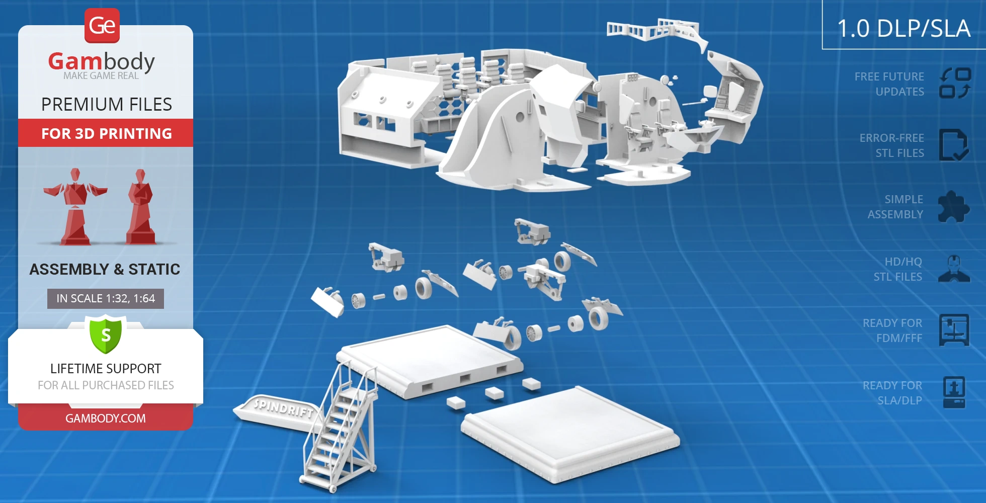 Sci-fi spacecraft interior model parts for 3D printing, displayed against a blue grid background.