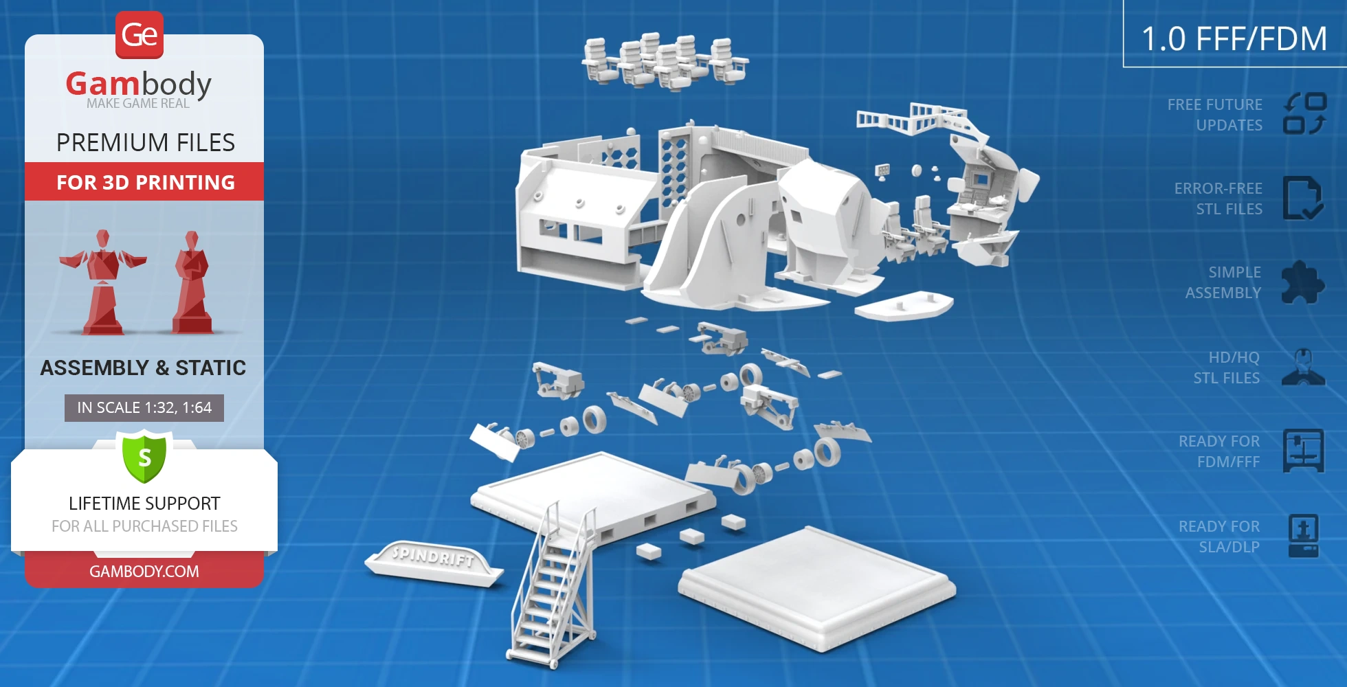 Exploded view of sci-fi Spindrift interior 3D model parts on blue grid, showing assembly pieces.