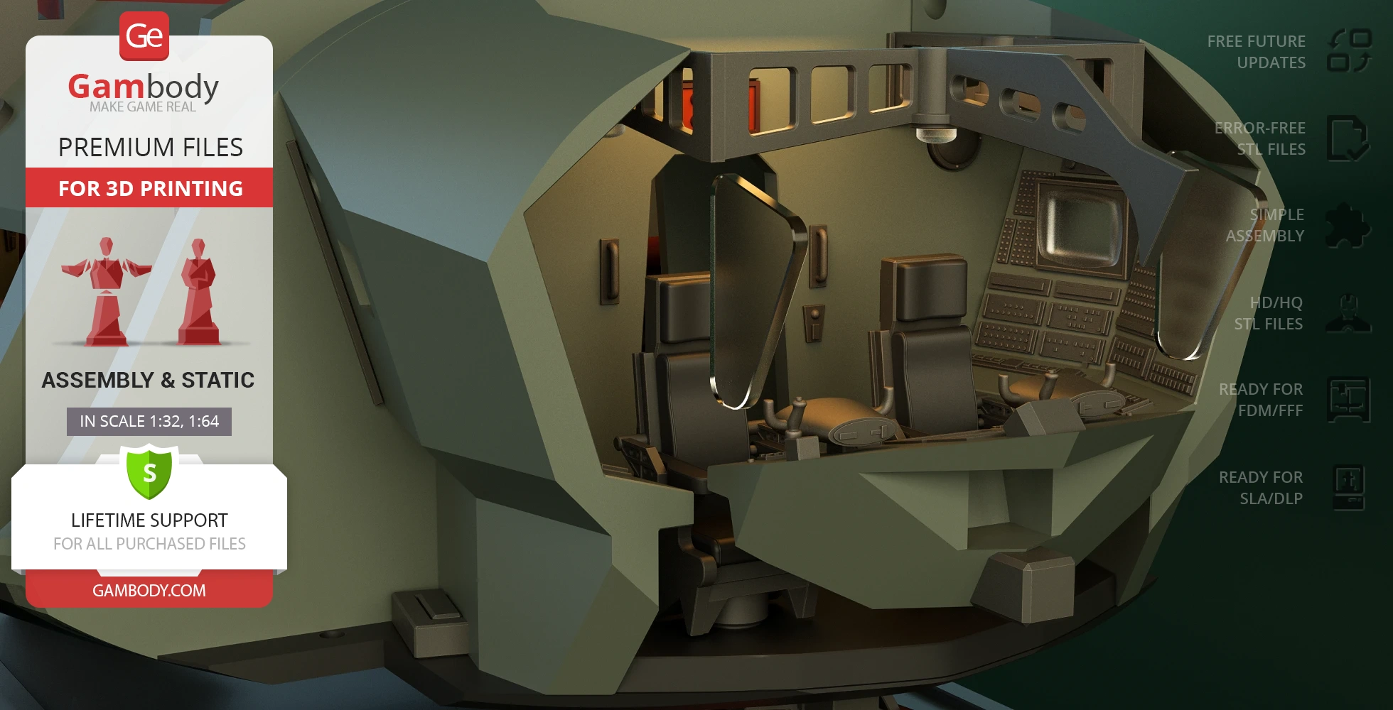Futuristic 3D model of a spaceship interior with seats and control panels, displayed for 3D printing.