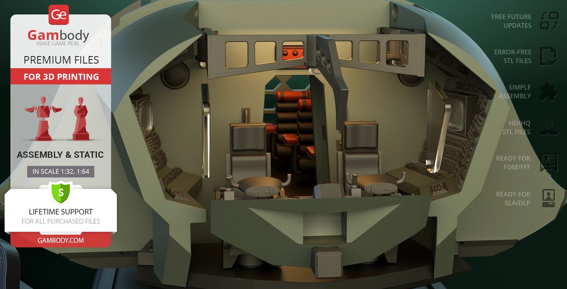 A detailed sci-fi spaceship interior model with chairs and control panels for 3D printing.
