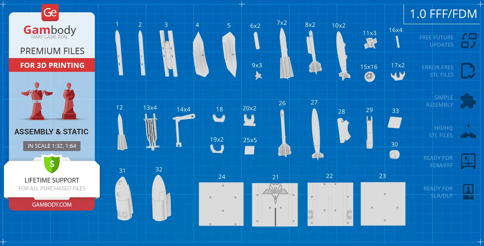 F-14 Tomcat missile pack parts for 3D printing, displayed on a blueprint background with labels.