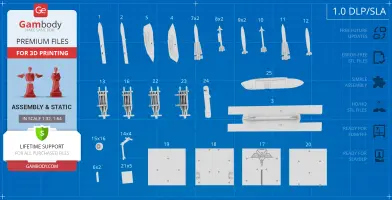 3D STL files for F-14 Tomcat missiles on a grid layout, ready for 3D printing.