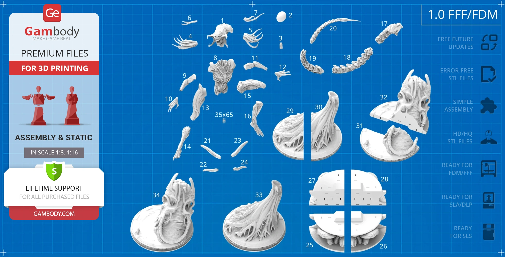 3D model parts of a sci-fi creature for printing, displayed on a blueprint-style background.