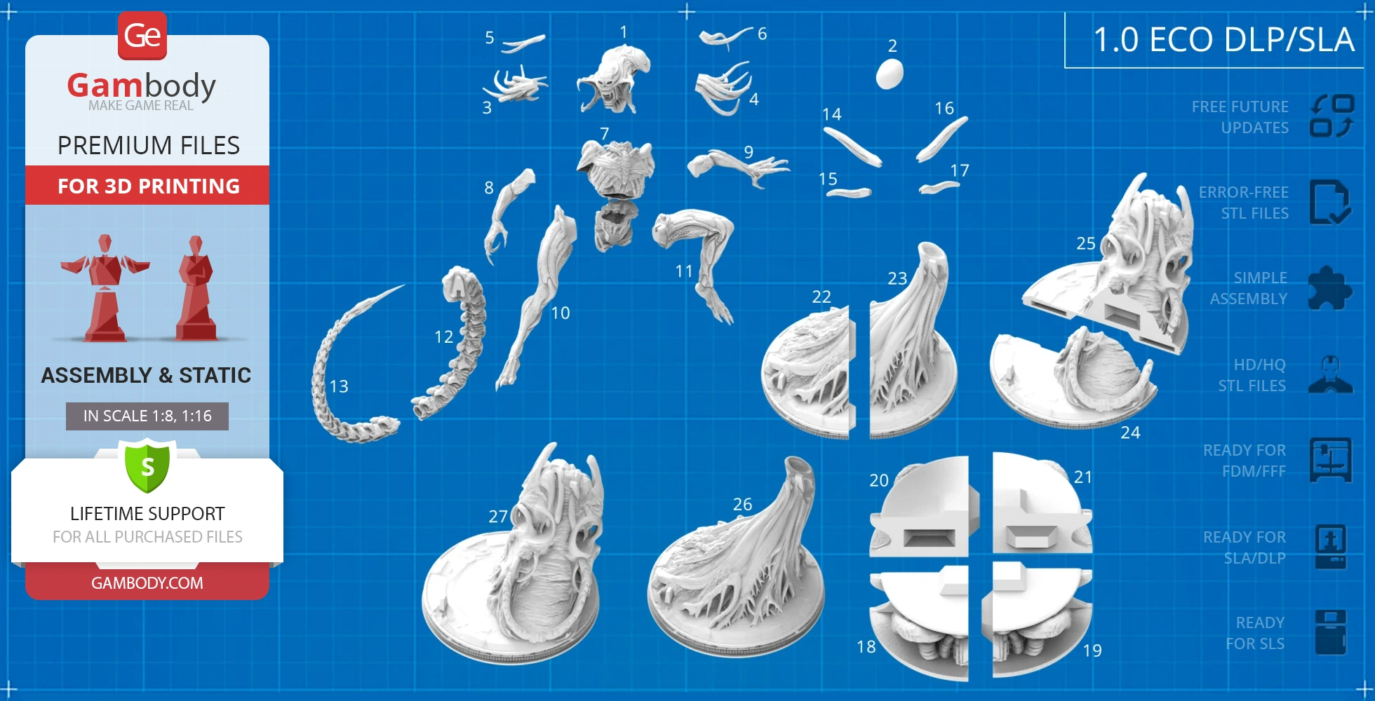 3D model kit of a Predalien creature, showing detailed assembly parts on a blueprint background.