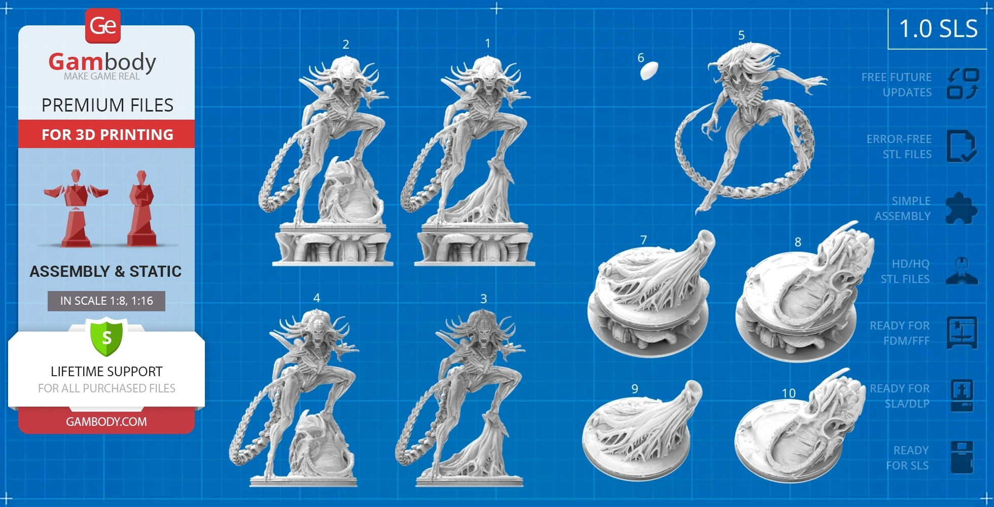 Alien-like creature 3D model with long tail, standing on a detailed base, ready for 3D printing.